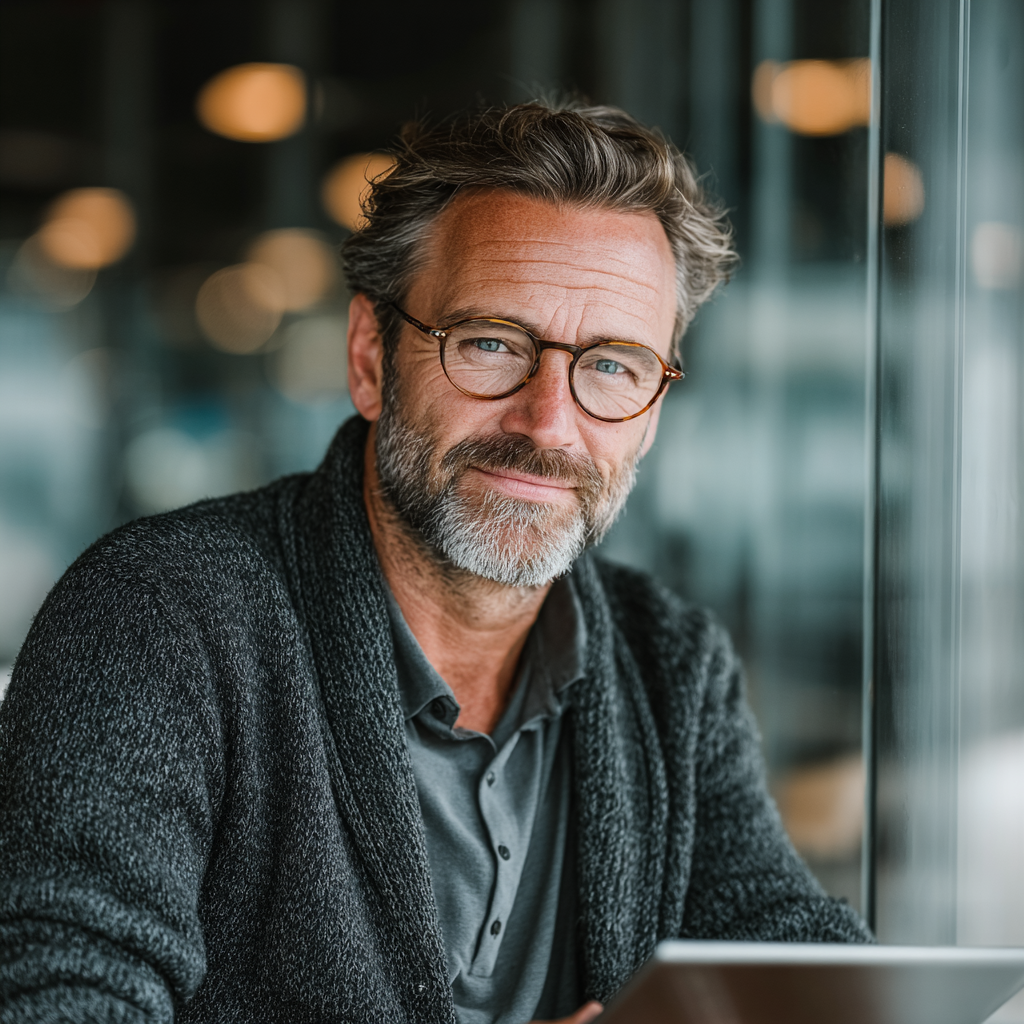 Confident middle-aged man around 45 years old in business casual attire looking at a tablet with nutrition planning app, sitting in a bright modern office setting