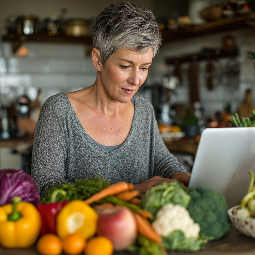 Professional woman in her early 50s with short hair reviewing healthy meal options on her laptop while sitting at a kitchen counter with fresh fruits and vegetables around