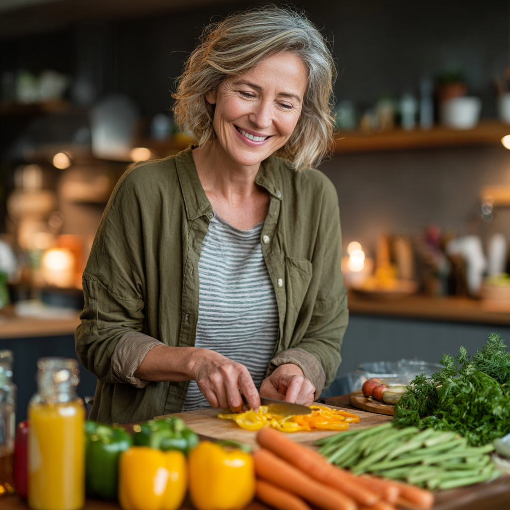 Smiling middle-aged woman in her 50s preparing healthy vegetables in a modern kitchen, wearing casual clothes and looking content while meal planning